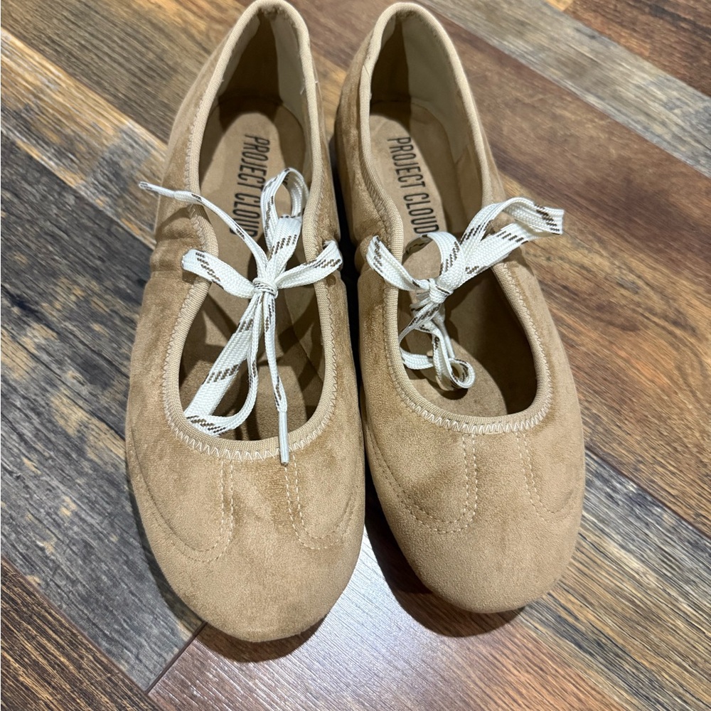 Project Cloud Tan Suede Ballet Flats with Ribbon Tie